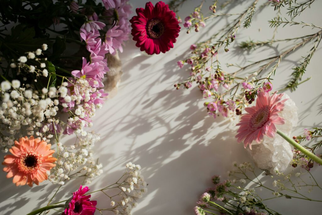 A colorful flat lay of various flowers on a white surface with sunlight casting shadows.